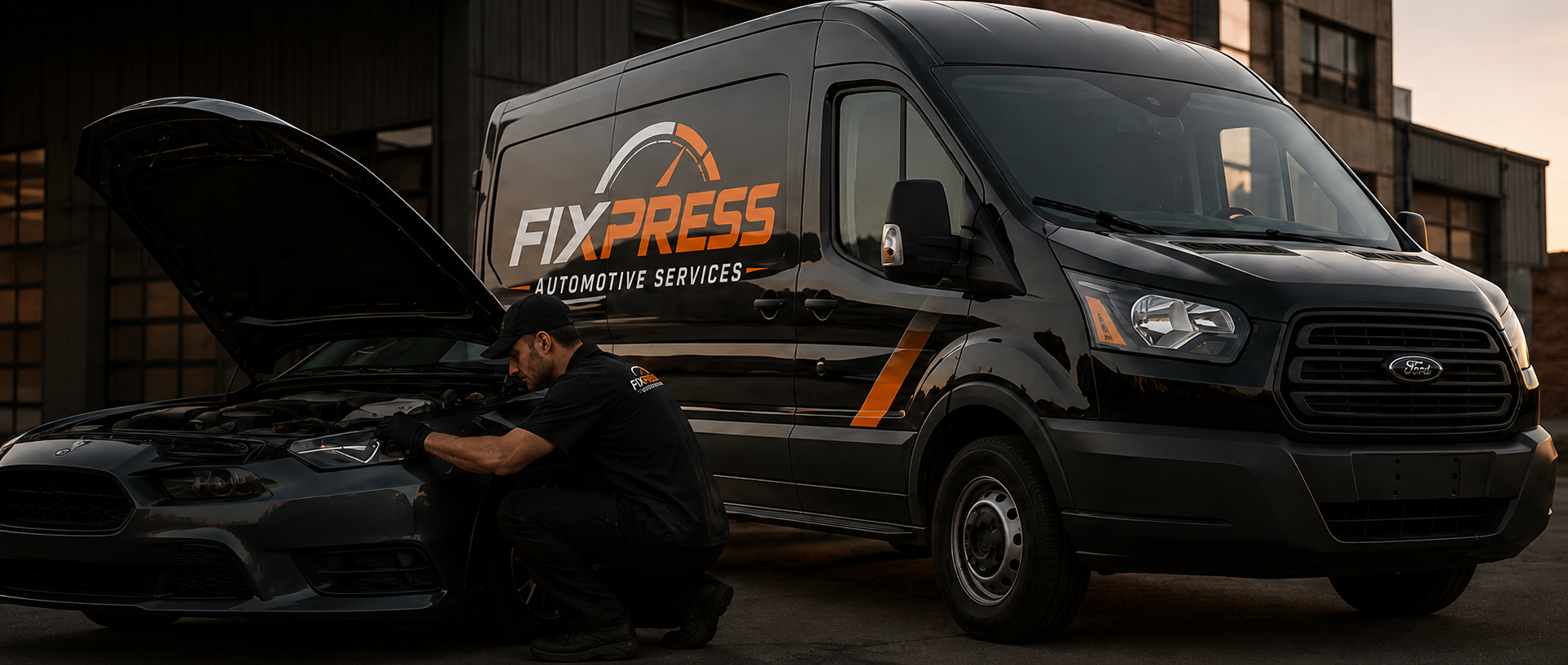 Fixpress technician performing a vehicle inspection beside a mobile service van